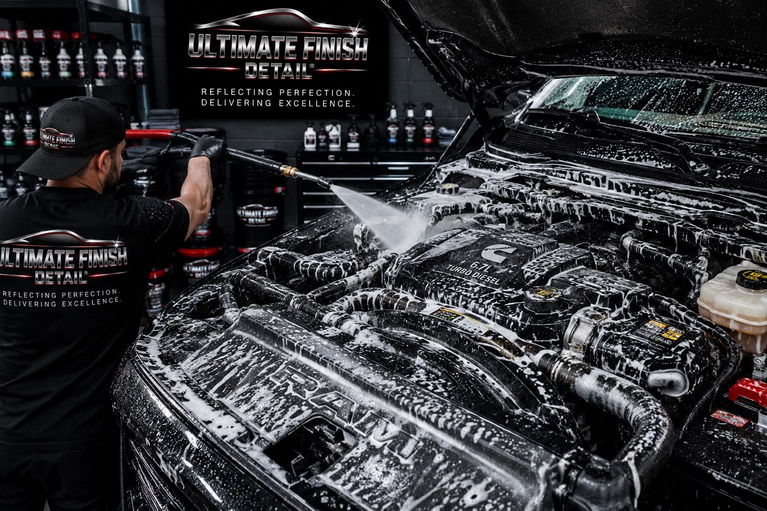 A detailer pressure-rinsing a foamed engine bay on a heavy-duty diesel truck inside the shop