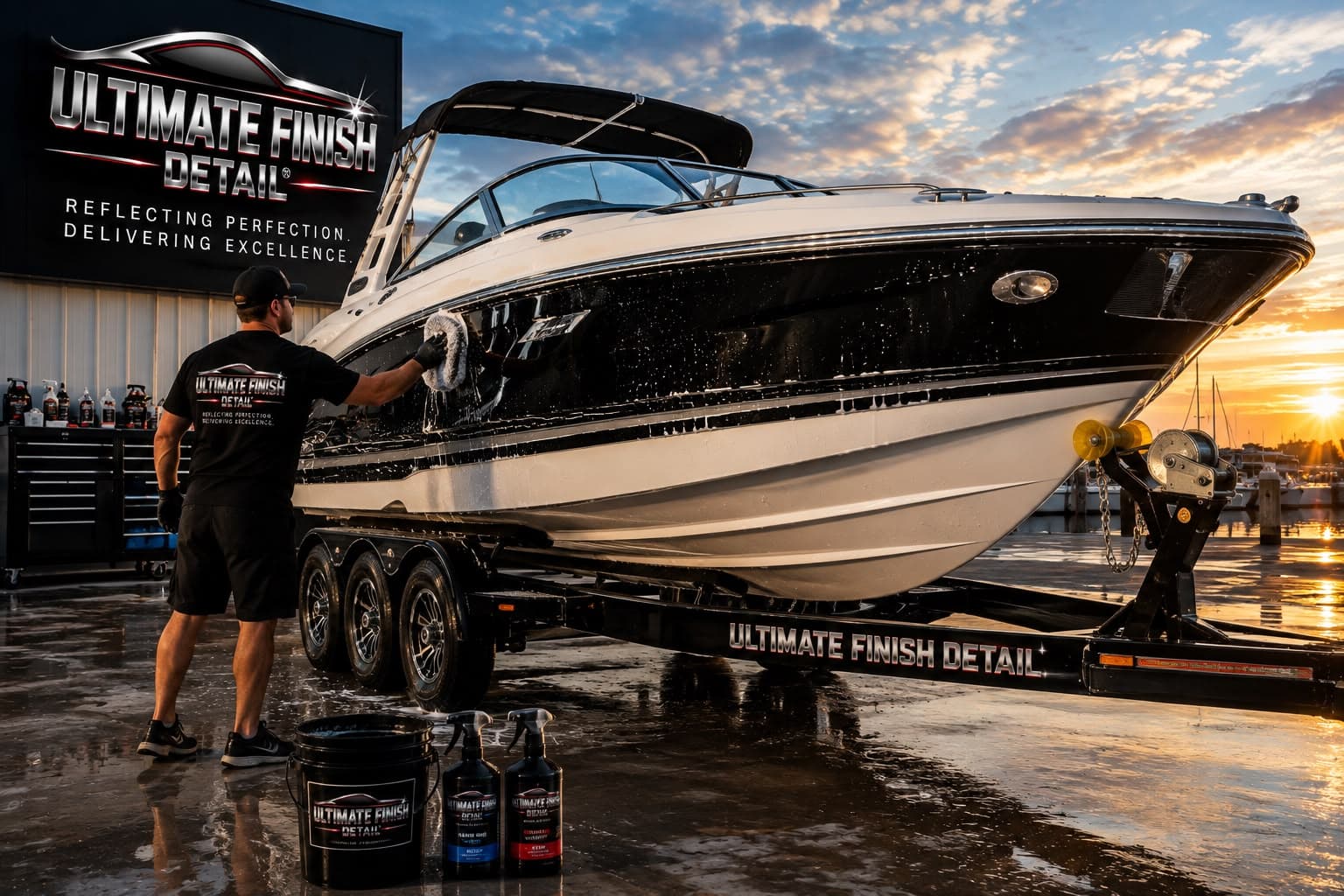 A detailer hand-washing the black hull of a boat on a trailer at sunset
