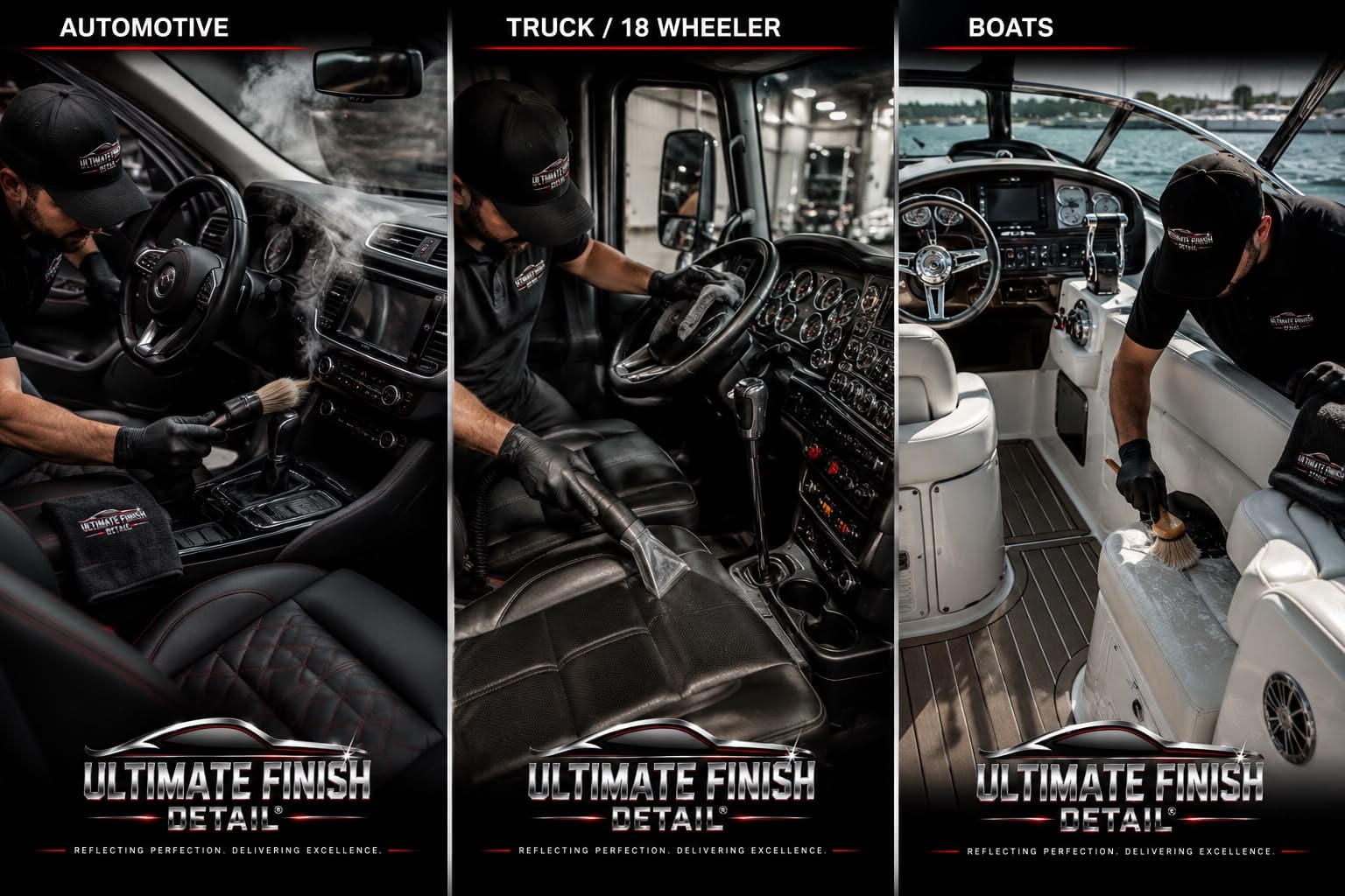 Three-panel view of interior detailing across a car, a heavy truck cab and a boat