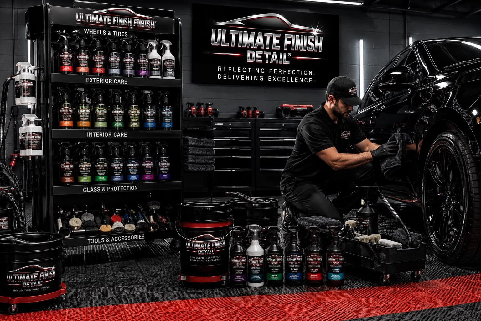 A detailer working the wheel arch of a black car beside a stocked rack of detailing chemistry and tools