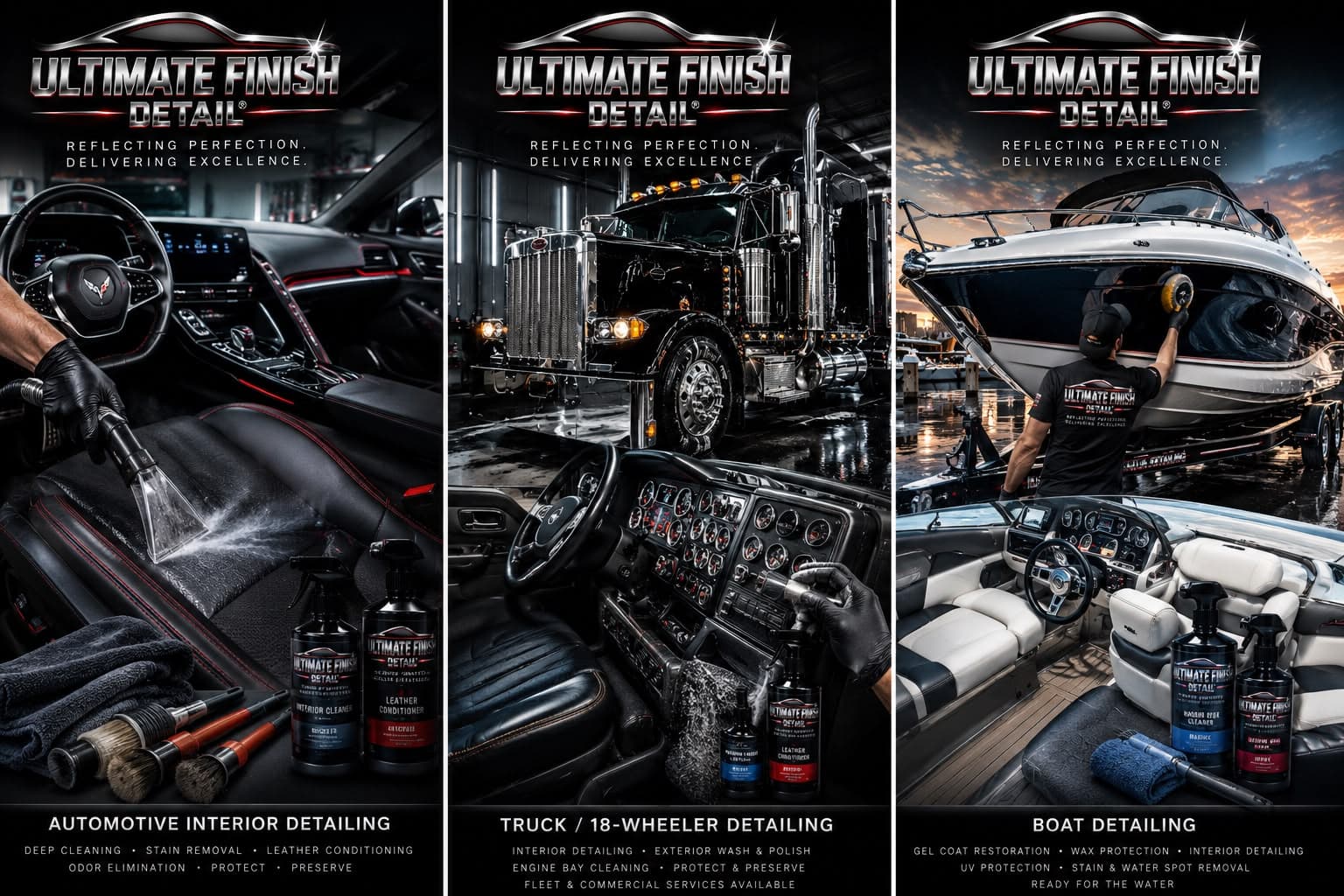 Three-panel comparison of Ultimate Finish Detail® at work: automotive interior, an 18-wheeler cab, and a boat