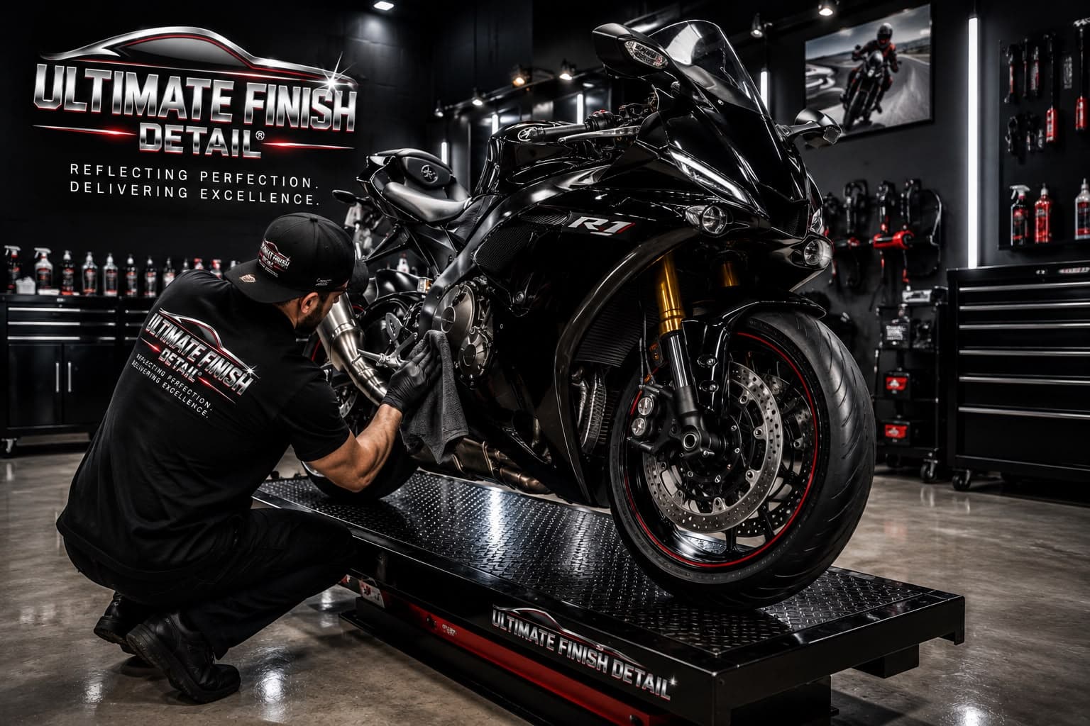 A technician kneeling to hand-detail a black sportbike on a shop lift